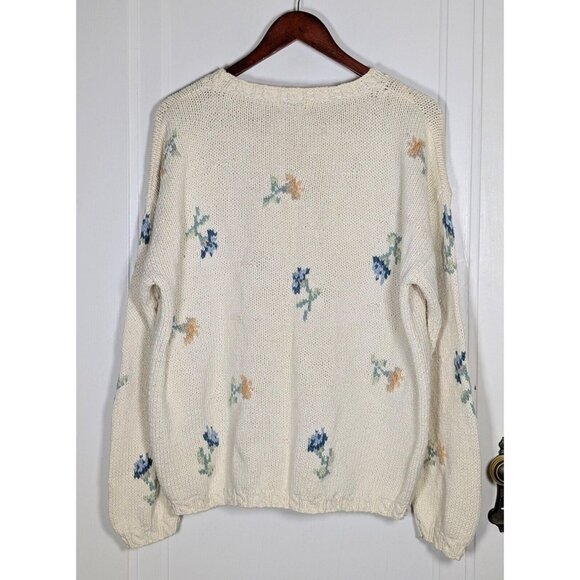 Vintage LL BEAN Women's XL Chunky Knit Floral Sweater Cottagecore 90s Flowers - Picture 2 of 3